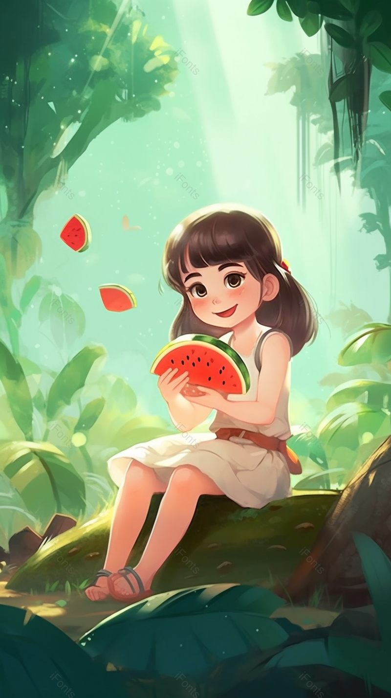绿色夏季森林中小女孩坐在地上开心的吃着西瓜插画,插画/手绘图,插画/手绘图库,插画/手绘图下载,插画/手绘